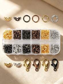 1 Box Approx. 720pcs Lobster Clasp, Includes 720pcs Jewelry Making Accessories, 80pcs Lobster Clasps, 160pcs Open Bead Caps, 480pcs Open Connector Rings Bead Tail Wire Knot Protector Clasps, Open Jump Ring Connectors, DIY Jewelry Making Accessories Set - 12-compartment Jewelry Accessory Storage Box - View 1