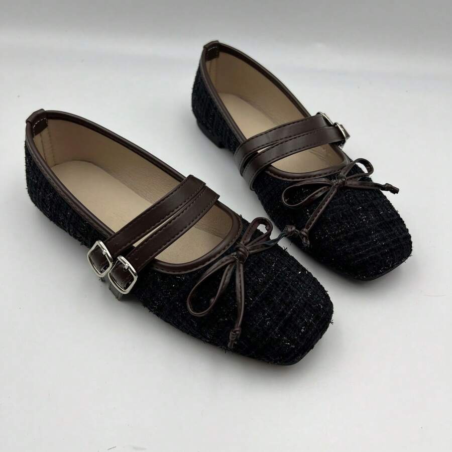 Plaid Square Toe Mary Jane Shoes For Women, Buckle Bow Low Vamp Flat Shoes, Vintage Gentle Style - Black - View 1