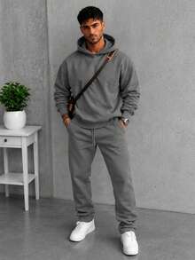 American Men Grey Hoodie And Straight Pants Set, Solid Loose Daily 2 Pieces Outfit - Dark Grey - View 1