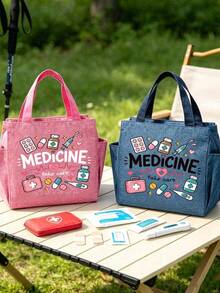 Medicine Print Portable Tote Bag, Multi-Pocket Large Capacity Medication Storage Bag, Dual-Side Pocket Handbag Travel Organizer, Multi-Function Portable Work Travel And Cosmetic Bag, Suitable For Medical And Office Staff, Daily Use, Halloween Birthday Christmas Gift - Multicolor - View 9