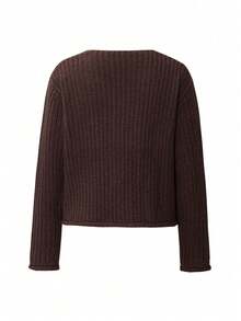 Vellofy Women's Autumn/Winter Chocolate Brown Chunky Knit Cardigan, Round Neck Large Decorative Buttons Long Sleeve Short Length Sweater Jacket With Pockets, Loose Fit Suitable For Daily Commute And Party - Brown - View 4