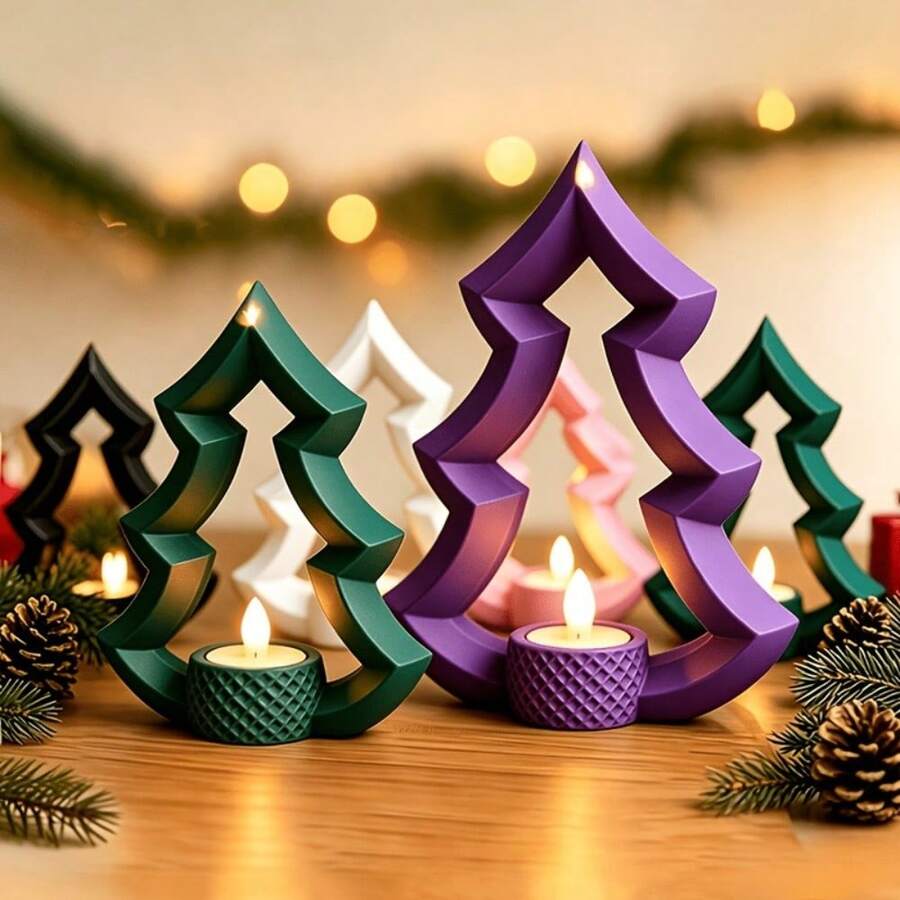 2pcs (Large + Small) Christmas Tree Tea Light Candle Holder, Hollow Christmas Tree Shaped Candle Base, Holiday Tabletop Decor, Suitable For Home Party Holiday Decoration, Multiple Colors Available - Upgraded Version - View 1