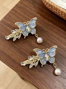 1pc Rhinestone Oil-Drip Butterfly Pearl Pendant Alligator Hair Clip, Luxury Metal Women's Hair Accessory, Wedding Banquet Headpiece, Gift For Girls - Multicolor - View 3