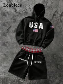 Amerikansk High Street USA sweatshirtset för herrar med bokstavs- och flaggmönster, rutiga patchworkshorts med dubbel midja och dragsko, avslappnad 2-delad outfit - Svart - Visa 1