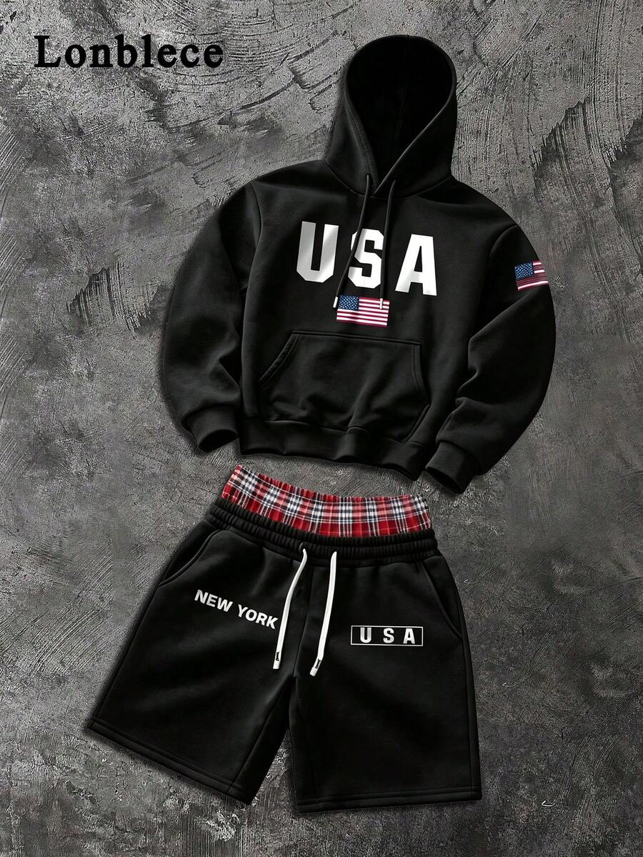 Amerikansk High Street USA sweatshirtset för herrar med bokstavs- och flaggmönster, rutiga patchworkshorts med dubbel midja och dragsko, avslappnad 2-delad outfit - Svart - Visa 1