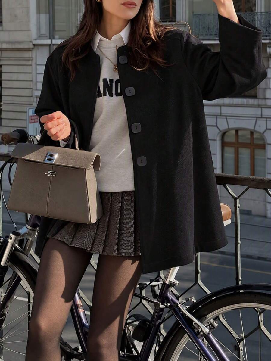 女款黑色聚酯纖維長袖喇叭袖正長度外套,船領設計附口袋,寬鬆版型秋冬外套 - 黑色 - 查看 1