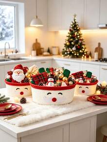 3pcs Christmas Cartoon Storage Baskets, Santa Claus & Snowman Storage Baskets With Gift Bags And Ribbons, Holiday Clutter & Gift Storage Baskets, Home Organization Storage Baskets, Christmas Party Decor, Cute Gift Packaging Storage Boxes - Multicolor - View 3