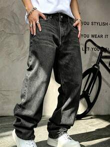 Men's Black Wide Leg Loose Straight Y2K Casual Bermuda Denim Jeans, Comfortable Breathable Denim Pants Suitable For All Seasons - Black - View 1