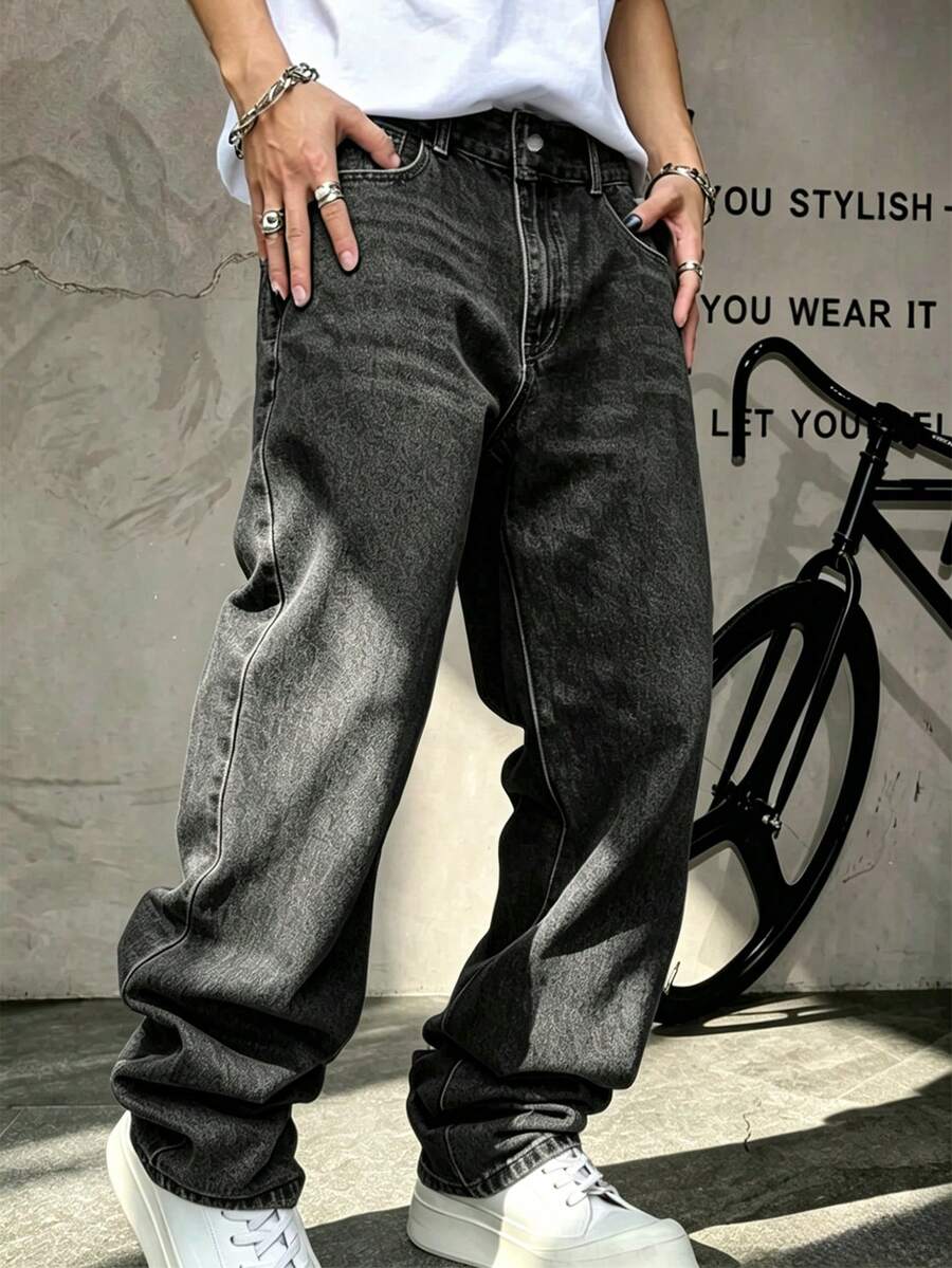 Men's Black Wide Leg Loose Straight Y2K Casual Bermuda Denim Jeans, Comfortable Breathable Denim Pants Suitable For All Seasons - Black - View 1
