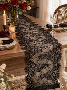 1pc 14*118 Inch Lace Table Runner, Embroidered Bohemian Style Wedding Table Runner, Halloween Tablecloth Vintage Country Lace Fabric Table Runner, Suitable For Wedding Party Bridal Shower Decoration Halloween Decoration - Black - View 4