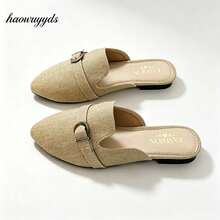 Women's Pointed Toe Buckle Decor Flat Mule Shoes, Daily Commute Casual Slip-On Closed Toe Backless Loafer Mules - Khaki - View 1