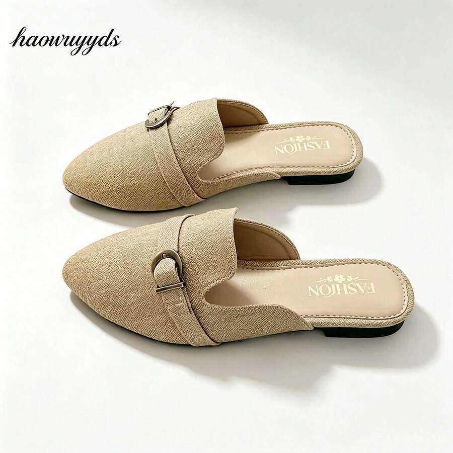 Women's Pointed Toe Buckle Decor Flat Mule Shoes, Daily Commute Casual Slip-On Closed Toe Backless Loafer Mules - Khaki - View 1