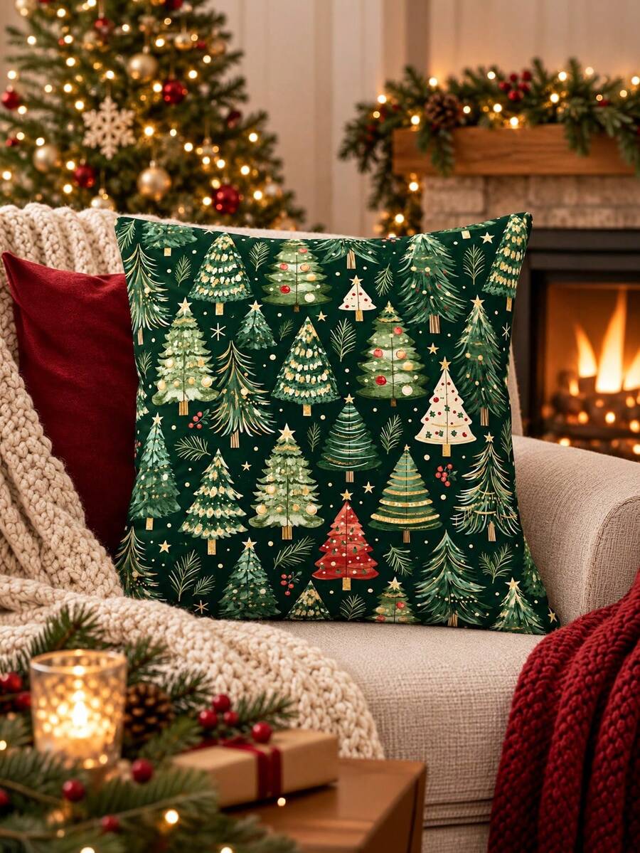1/2/4PCS Green Christmas Tree Pattern Pillowcases, Home Living Room Sofa Bed Decorative Cushion Covers, Comfortable And Soft, Suitable For Various Rooms And Occasions, Friend Gift, No Pillow Insert, Single-Sided Printing - Green - View 1