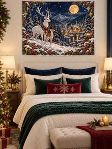 1PC Moonlit Reindeer Christmas Village Horizontal Wall Tapestry, Snowy Forest Deer Holiday Wall Hanging, Faux Ultra-Soft Polyester Single-Sided Print For Living Room Bedroom Decor, Multiple Sizes - Multicolor - View 11