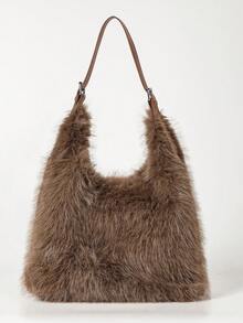 Women's Solid Color Faux Fur Hobo Shoulder Bag, Adjustable Strap, Large Capacity Tote Handbag, Casual Fashion, Autumn/Winter Daily Commute Style - Khaki - View 2