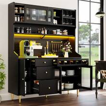 Flieks Highboard With Adjustable Shelves & LED Lights, Freestanding Storage Unit For Living Room Kitchen Dining, Tall Cabinet With Wine Rack, Dimensions 145x39x171cm - Black - View 2