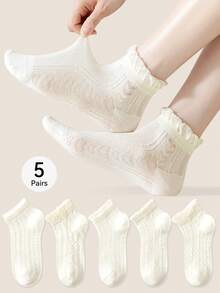 5 Pairs Women Mesh LaceTrim Socks, Heart-Shaped Short Socks, Simple And Comfortable, Suitable For Spring And Summer Seasons - Multicolor - View 8