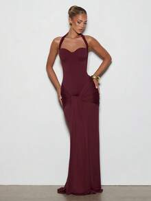 Elegant Sexy Sleeveless Backless Halter Neck Women's Long Formal Dress, Suitable For Parties, Balls And Other Formal Occasions, Decorated With Draped And Pleated Details, Christmas, Holiday Party Dress, High Elasticity Party Gown, Pleated Mermaid Hem - Burgundy - View 2