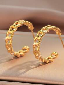 1 par de elegantes pendientes de aro con cadena tejida en forma de C brillante, adecuados para uso diario, vacaciones, desplazamientos y fiestas - Pendientes en forma de C - Ver 5