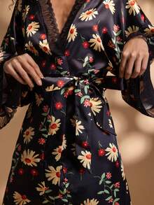 1pc Women's Black Daisy Floral Print Lace Trim V-Neck Loose Satin Robe Loungewear Sleepwear - Black - View 6