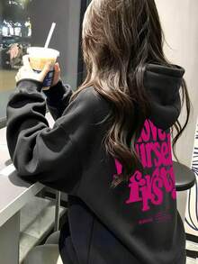 Sweet Cool Style Pink Heart English Slogan Back Print Hooded Sweatshirt Casual Loose Drop Shoulder Black Q Autumn Top - Black - View 10