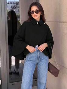 Fashionable Women's Black Woven Fabric Cape Coat, Short Length With Collar And Gold Buttons, Long Batwing Sleeves, Suitable For Autumn - Black - View 4