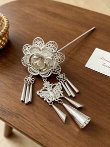 1pc Silver Hollow Flower Tassel Hair Stick, Vintage Embossed Pendant Hair Pin For Women, Back Of Head Hair Accessory For Banquet - Multicolor - View 6