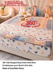 1 buah Sprei Kasur Pas Motif Salju Tebal Lembut Bernapas untuk Musim Gugur/Dingin (Sprei Kasur Pas Ukuran Tunggal), Hangat Seketika, Menyerap Kelembapan, Anti Selip, Mudah Dilepas dan Dapat Dicuci dengan Mesin, Cocok untuk Semua Musim, Tinggi 30cm, Ideal untuk Dekorasi Kamar Tidur - Garis-garis berwarna - View 5