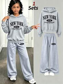 2 قطعة/مجموعة ملابس كاجوال للبنات، تشمل هودي مطبوع عليه "NEW YORK" + بنطال واسع الساق، ناعم ومريح، مناسب للارتداء في الخريف/الشتاء - رمادي - مشاهدة 3