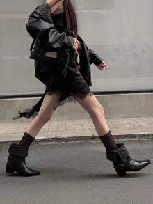 2025新款秋季女款厚底增高街頭風騎士長靴 中筒靴 棕色復古短靴 - 黑色 - 查看 8