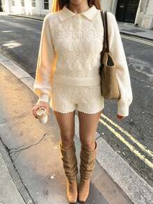 Women's Vintage Hollow-Out Knit Co-Ord Set With Polo Collar Button Sweater And Scallop Hem Shorts, Fashionable Two Pieces Outfit. - Beige - View 2