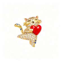 1pc Cute Cat Brooch, Exquisite Small Heart-Hugging Cat Pin, High-End Anti-Exposure Brooch, Mini Brooch Flower Decoration, Personalized Versatile Beautiful Brooch For Men And Women Couples - Multicolor - View 2