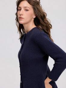 Women's Fashion Vintage Button Ruffle Hem Knit Top - Navy Blue - View 7
