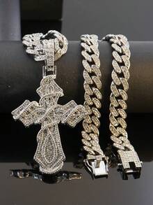 European & American Hip Hop Cross Pendant Cuban Chain Men's Necklace, Full Rhinestone Sparkling Personalized Street Style Rap Party Collarbone Chain Fashion Jewelry - Cross Pendant Necklace - View 15