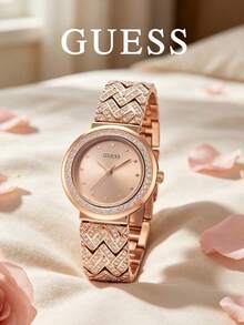 GUESS Tri Luxe Series Rose Gold Women's Watch, Rhinestone Bezel, Triangle Rhinestone Decor Steel Band, Radial Texture Dial, Minimalist Luxury Quartz Wristwatch For Women, Holiday Gift - Watch - View 12