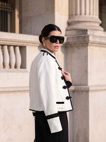 Women's Contrast Color Woven Tape Patchwork Handmade Frog Button Lined Casual Versatile Daily Commute Long Sleeve Jacket White - White - View 3