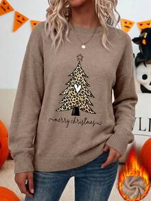 Women's Vintage Christmas Tree Print Long-Sleeve Crew-Neck Sweater With Leopard Print Trim – Christmas Winter Top - Earth Gray - View 9