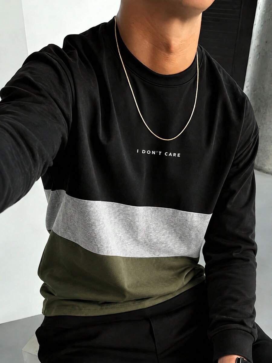 American Casual Men's Black Grey Army Green Three-Section Color Block Long Sleeve Top Minimalist Letter Print Crew Neck Base Layer Long Sleeve T-Shirt - Black - View 1