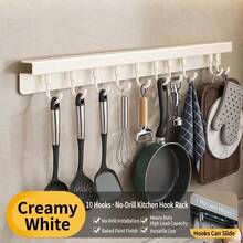 Wall-Mounted Kitchen Utensil Rack With Removable Hooks, Space-Saving Aluminum Kitchen Hanging Bar, Suitable For Cooking Utensils, Spatulas, Spoons, Towels And Cutting Boards, No-Drill Utensil Hook Storage Rack - Grey - View 7