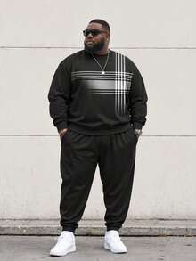 Men's Plus Size Sweatshirt Set, Autumn Pullover Long Sleeve Plus Size Sweatshirt Set, Casual 3D Print Plus Size 2-Piece Set - Black - View 1