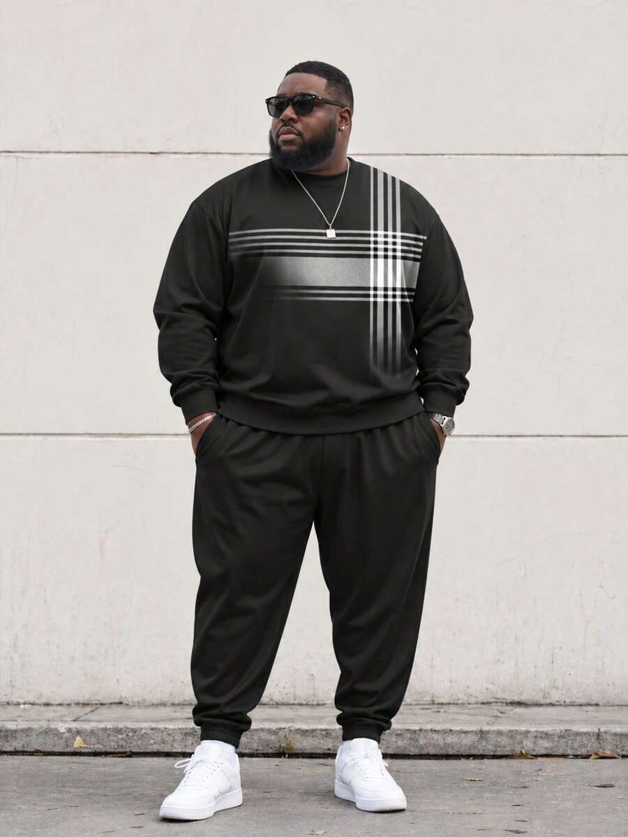 Men's Plus Size Sweatshirt Set, Autumn Pullover Long Sleeve Plus Size Sweatshirt Set, Casual 3D Print Plus Size 2-Piece Set - Black - View 1
