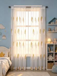 1PC Rod Pocket Gold & White Leaf Embroidered Sheer Curtain, Luxury Leaf Pattern, Soft Light Diffusing White Floor-Length Sheer Curtain For Cozy Wooden Kids Room - Multicolor - View 11