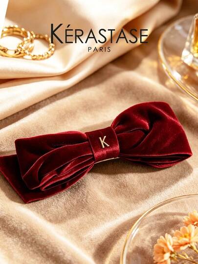 Kérastase Luxury Burgundy Velvet Bow Hair Clip, French Spring Barrette With Gold Metal Logo, Elegant Retro Hair Accessory For Women, Gift For Hair Care Set
