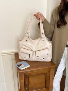 Tote Bag With Multiple Pockets, Rivet And Metal Zipper Decoration, Partitioned Storage Large Capacity, Main Compartment Open + Front Pocket Zipper Closure, Casual Retro Cargo Style Style Tote Bag, Suitable For Daily Commute, Campus Travel, Girls Who Like Simple Cargo Style Outfits - White - View 5