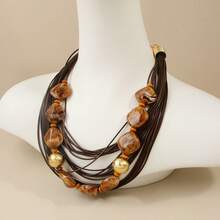 1pc Women's Boho Vintage Brown Multi Strand Cord Resin Beaded Statement Necklace, Chunky Layered Geometric Jewelry For Fall Winter Daily & Vacation - Brown - View 4