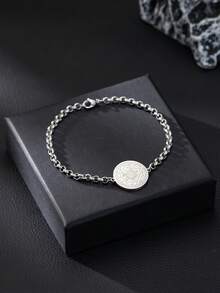 Retro Stylish Stainless Steel Bracelet For Men, Round Tag With Geometric Engraving, Daily Wear & Gift Jewelry - Silver - View 3