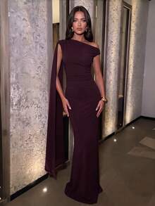 Elegant Asymmetric Neckline Knit Dress, Featuring Smooth Sleeveless Design, Graceful Ruched Details, And Long Pencil Skirt Hem. - Burgundy - View 1