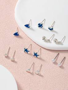 7 Pairs Women's Fashion Stud Earrings, Heart, Star, Moon, Small Wing Multi-Element Combination Earrings, Suitable For Daily Wear, Gatherings, Parties, Jewelry Holiday Gift - Multicolor - View 2
