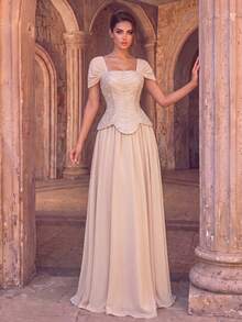 Women's Luxury Sequin Strapless Square Neck Full Skirt Maxi Ball Gown, Suitable For Formal Occasions - Champagne - View 1