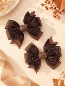 2pcs Multicolor Hair Bow Clips,Fabric Plaid Hair Bows For Girls,Fashion Hair Accessories For Toddlers Party Gift,Autumn Winter Daily Wear - Brown - View 4